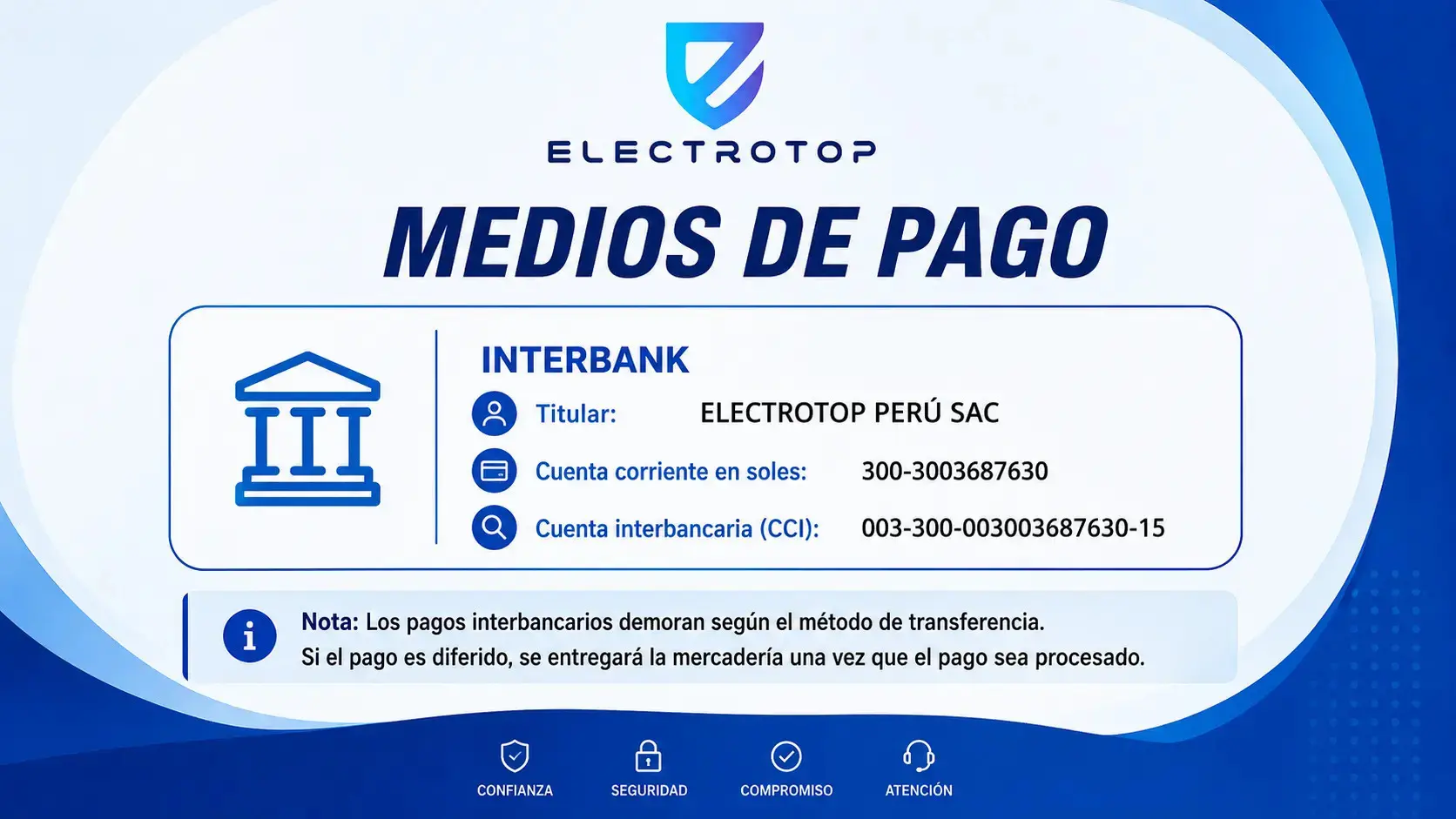 Medios de pago de Electrotop Perú: Interbank, titular Electrotop Perú SAC, cuenta corriente en soles 300-3003687630, cuenta interbancaria (CCI) 003-300-003003687630-15.